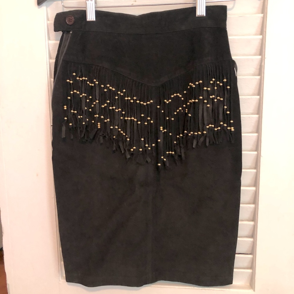 Black suede vintage skirt with fringe beads.